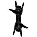 Rock on hand creative sign with two hands, rock n roll, hard rock, heavy metal, music, detailed black and white vector Royalty Free Stock Photo