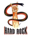 Rock hand sign with aggressive snake, hot music Rock and Roll gesture and serpent, Hard Rock festival concert or club, vector
