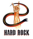 Rock hand sign with aggressive snake, hot music Rock and Roll gesture and serpent, Hard Rock festival concert or club, vector