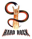 Rock hand sign with aggressive snake, hot music Rock and Roll gesture and serpent, Hard Rock festival concert or club, vector