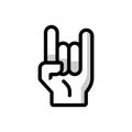 Rock hand sign logo, metal hand finger gesture vector with bolt lightning icon in trendy line art style isolated on white backgrou