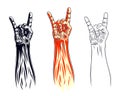 Rock hand sign set, music Rock and Roll gesture in flames, Hard Rock festival concert or club, vector labels emblems or logos, Royalty Free Stock Photo