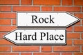 Between rock and hard place signpost concept brick wall