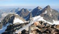 Rock and ice and snow mountain landscape in the Swiss Alps in summer above Klosters in the Silvretta mountain range and a summit c Royalty Free Stock Photo