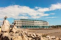 Rock island sculptures and art deco Midland Hotel building in Morecambe. Royalty Free Stock Photo