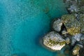 Rock islands in pure crystal clear turquoise river from upper view