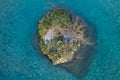 Rock islands in pure crystal clear turquoise river from upper view