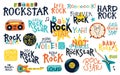 Rock lettering. Graffiti vector collection with illustrations of musical instruments for kids. Handwritten words and