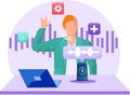Rock man using laptop to record audio message. Voice assistant software agent transmits sound