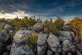 Rock massif with green trees and cloudy blue sky on the top of Table mountains Royalty Free Stock Photo