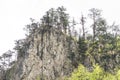 Rock mountain cliff and blue sky. Photo of Huge Rock Mountains Surrounded by Green Trees. Epic Mountain Landscape Royalty Free Stock Photo