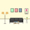 Interior design cream color living room with sofa, lamp, vase and picture frame