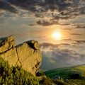 Rock in mountains at sunset time