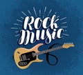 Rock music, banner. Guitar, musical instrument concept. Lettering vector illustration
