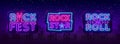 Rock Music collection Neon Logos Vector. Rock Pub, Cafe, Rock Star Neon Signs, Conceptual symbols, Bright Night Royalty Free Stock Photo