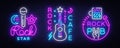 Rock Music collection Neon Logos Vector. Rock Pub, Cafe, Rock Star Neon Signs, Conceptual symbols, Bright Night