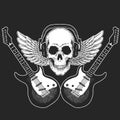 Rock music festival. Cool print with skull and headphones for poster, banner, t-shirt. Guitars, wings Royalty Free Stock Photo