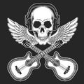 Rock music festival. Cool print with skull and headphones for poster, banner, t-shirt. Guitars, wings Royalty Free Stock Photo