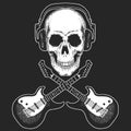 Rock music festival. Cool print with skull and headphones for poster, banner, t-shirt. Guitars Royalty Free Stock Photo