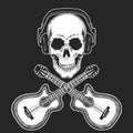 Rock music festival. Cool print with skull and headphones for poster, banner, t-shirt. Guitars Royalty Free Stock Photo