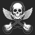 Rock music festival. Cool print with skull and headphones for poster, banner, t-shirt. Guitars, wings Royalty Free Stock Photo