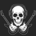 Rock music festival. Cool print with skull and headphones for poster, banner, t-shirt. Guitars Royalty Free Stock Photo