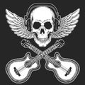 Rock music festival. Cool print with skull and headphones for poster, banner, t-shirt. Guitars, wings Royalty Free Stock Photo