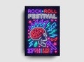 Rock Music Festival Flyer design template. Rock and Roll Neon Sign, Light Banner, Design Rock Concert Invitation, Neon Royalty Free Stock Photo