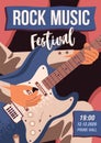 Rock music festival promo poster vector flat illustration. Announcement template with musician playing on acoustic bass Royalty Free Stock Photo