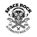 Rock music festival vector emblem, label, badge or logo with alien head in headphones and two crossed broken guitar