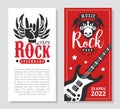 Rock Music Festival Vertical Banner with Electric Guitar and Sign of Horn Vector Template