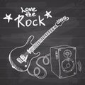 Rock Music Hand drawn sketch guitar with sound box and text love the rock, vector illustration on chalkboard
