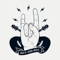 Rock music hand, rock and roll stamp with guitar, lightning and ribbon. Graphic design for clothes, t-shirt, apparel, poster. Royalty Free Stock Photo