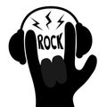 Rock music. Headphones lightning Rock and roll hand finger black silhouette shape icon. Heavy metal gesture horns sign symbol. Fla Royalty Free Stock Photo