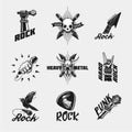 Rock music icon set. Vintage black emblem collection isolated on white. Royalty Free Stock Photo