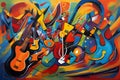 Rock music inspired abstract painting with vibrant colors and erratic shapes