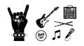Rock music instruments and hand gesture vector set with electric guitar, amplifier, microphone, drumsticks, and music note icons Royalty Free Stock Photo