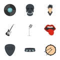 Rock music item icon set, flat style
