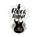 Rock music, lettering. Guitar, fretboard label. Vector illustration Royalty Free Stock Photo