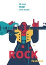 Rock music festival poster vector illustration for live rock concert placard of rocker man with guitar Royalty Free Stock Photo