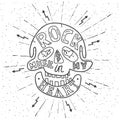 Rock music in my heart. Hand drawn lettering design with skull. Royalty Free Stock Photo