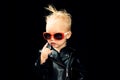 Rock music is in my soul. Rock style child. Little child boy in rocker jacket and sunglasses. Little rock star. Rock and Royalty Free Stock Photo