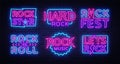 Rock Music Neon Signs Collection Vector. Design template neon signboard on Rock Music, Light banner, Bright Night Royalty Free Stock Photo