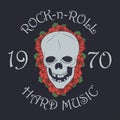 Rock music print, rock and roll stamp with skull and rose.