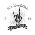 Rock music print with skeleton hand, sunburst and ribbon. Design for t-shirt, clothes, apparel. Vector illustration. Royalty Free Stock Photo