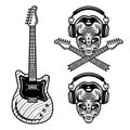 Rock music set of vector objects, alien head in headphones and guitar. Monochrome illustrations isolated on white Royalty Free Stock Photo