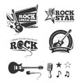 Rock music shop, recording studio, karaoke club vector labels, badges, emblems logos