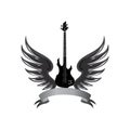 Rock music symbol. Electric guitar with wings and bow ribbon for