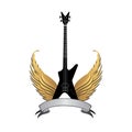 Rock music symbol. Electric guitar with wings and bow ribbon