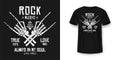 Rock music t-shirt graphic design with skeleton. Rock music slogan for t-shirt print and poster. Skeleton hands with grunge